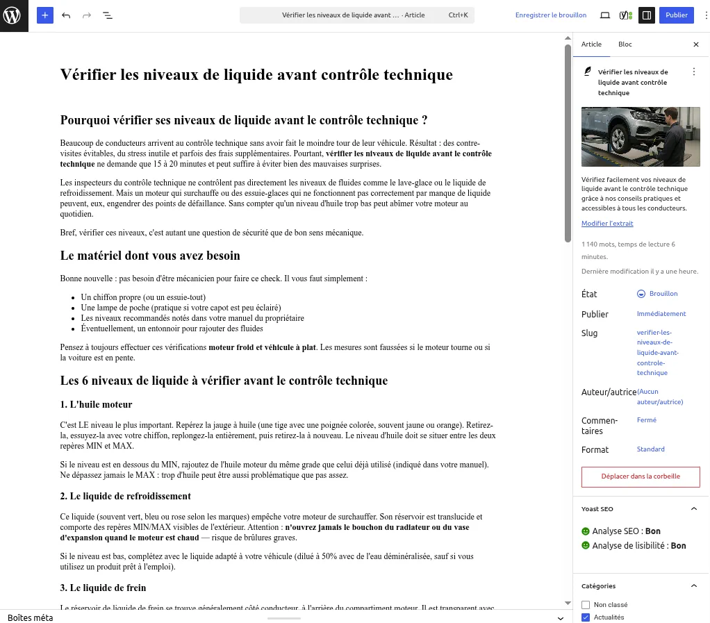 Article généré dans WordPress : contenu structuré, image IA, mise en forme