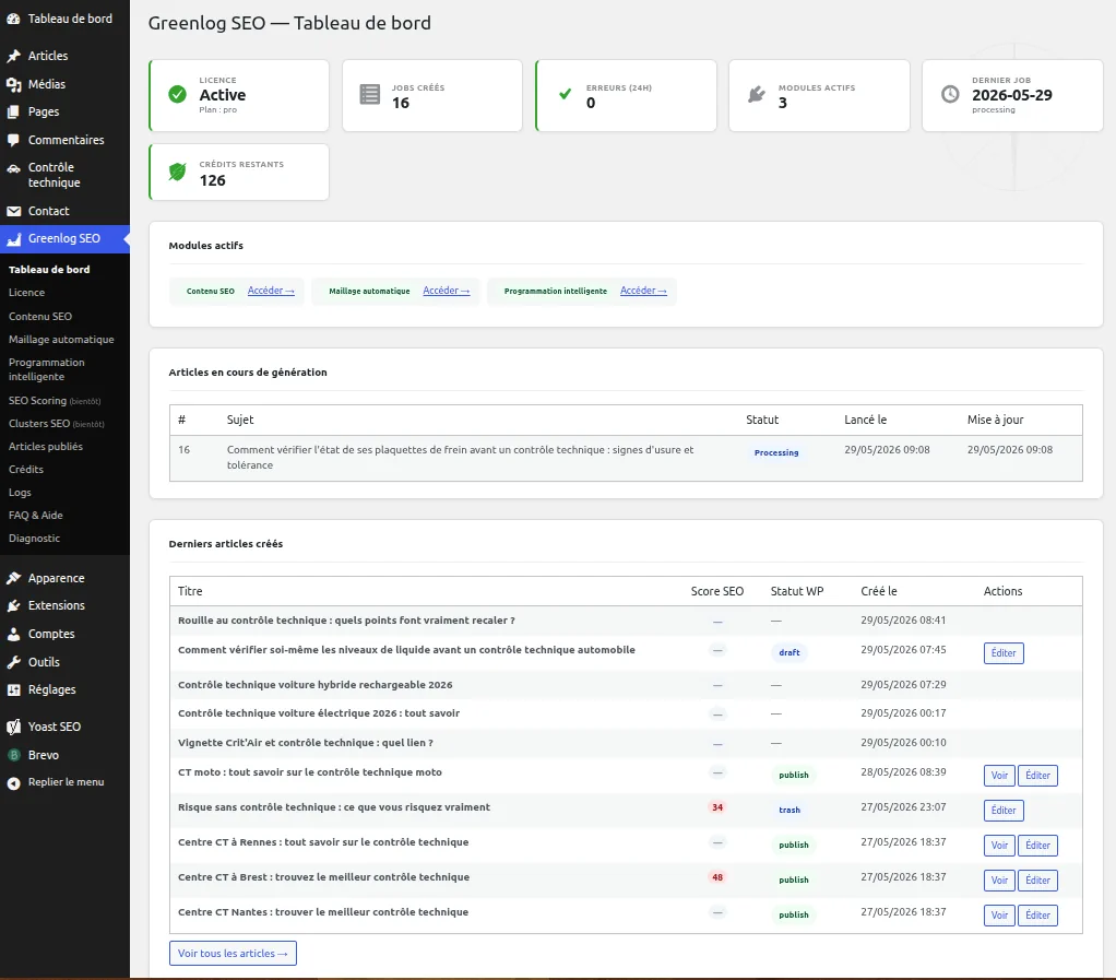 Tableau de bord Greenlog SEO Suite : jobs en cours, crédits restants, derniers articles générés