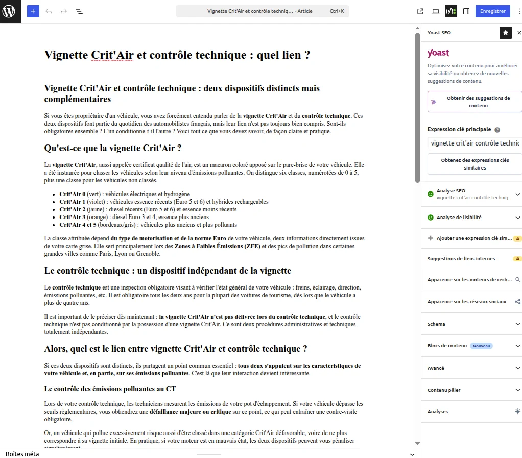 Score SEO et métadonnées : titre, description, focus keyword, compatibilité Yoast et RankMath